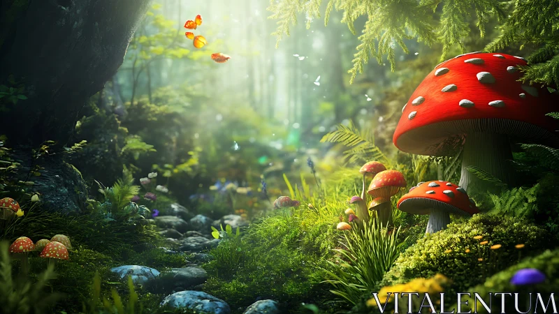 Bright forest path with large red mushrooms and butterflies