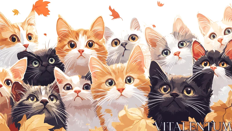 Digital vector illustration of multi-colored feline portraits with autumn foliage
