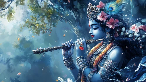 Moonlit flute bearer in sapphire blossoms and peacock hush.