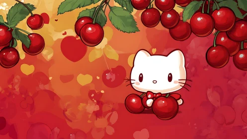 Cute Cat Character Holding Cherries in Vibrant Orchard Scene