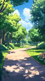 Park pathway with mature trees and clear sky