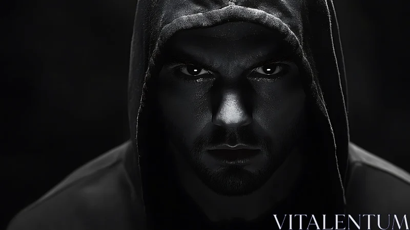 Intense hooded man emerges from shadow in stark monochrome