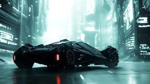 Futuristic stealth car idling in neon-drenched megacity street.