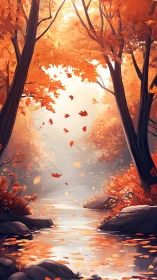 Autumn Forest Canopy with Luminous Water Reflection and Falling Leaf Elements