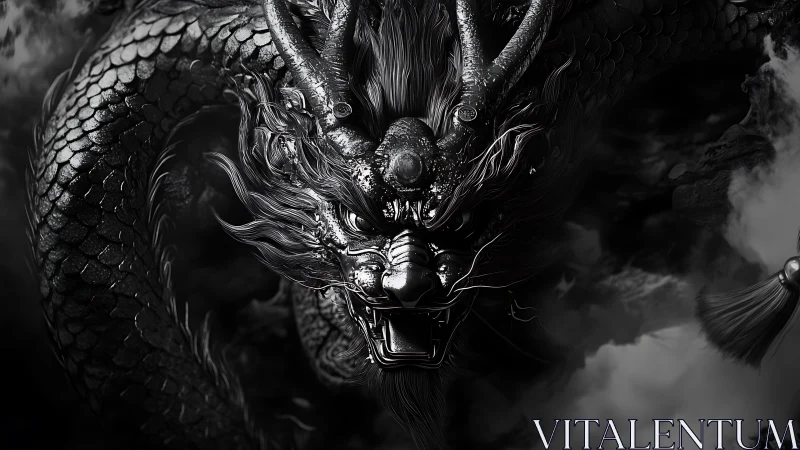 Monochrome draconic close-up in cinematic 3D relief rendering.