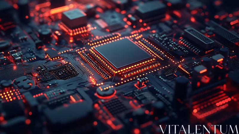 Circuit board closeup with glowing red microchip core.