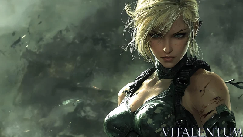 Storm-eyed tactical heroine stalks through smoky battlefield haze