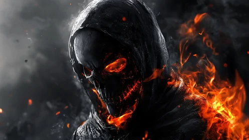 Hooded fire spirit smiling through smoke and embers softly.