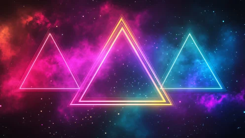 Neon gradient triangles float across cosmic starfield backdrop.
