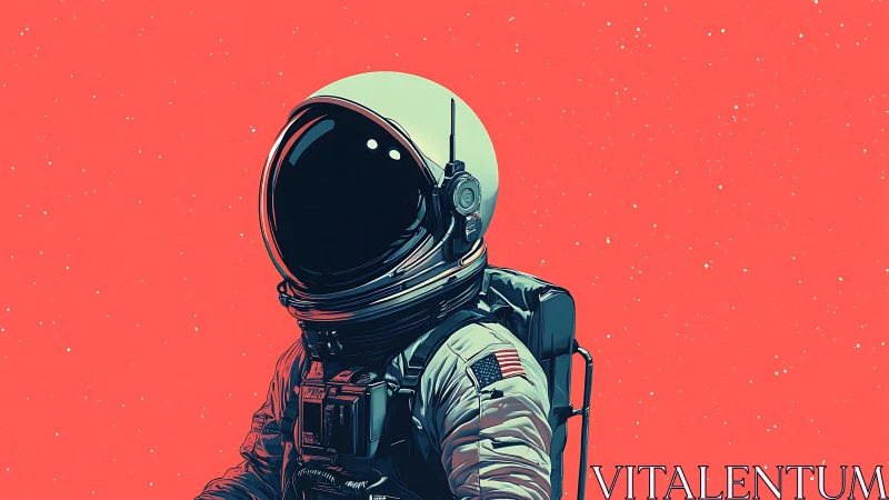 Astronaut illustration against bold coral space backdrop.