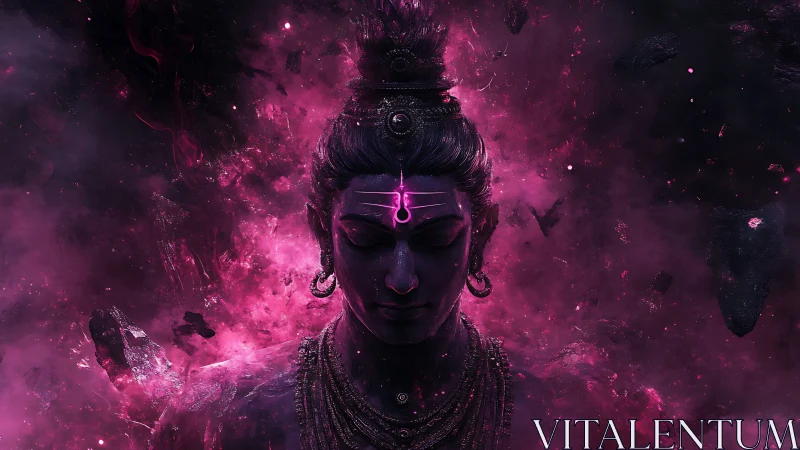 Cosmic Shiva emerges from swirling violet nebula light