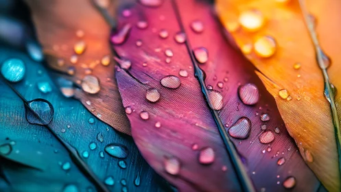 Rainbow feathers shimmer under dewdrops in vivid macro view.
