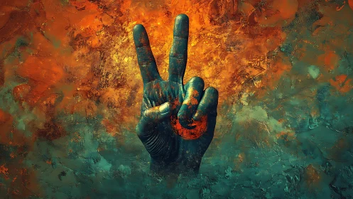 Hand gesture with raised fingers against abstract background.