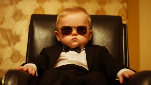 Tiny boss in a tux, ruling the room with cool confidence.