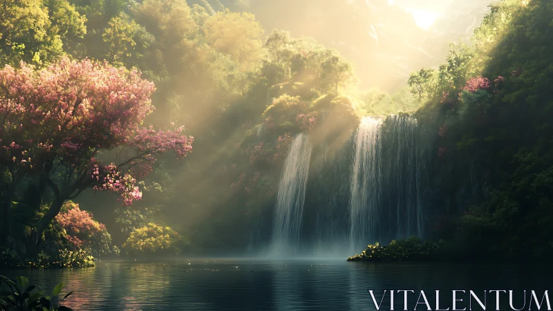 Sunlit blossom falls in a mist-kissed hidden valley.