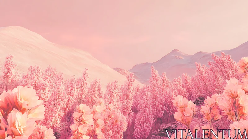 Uniform pink-toned floral terrain extends toward distant hills