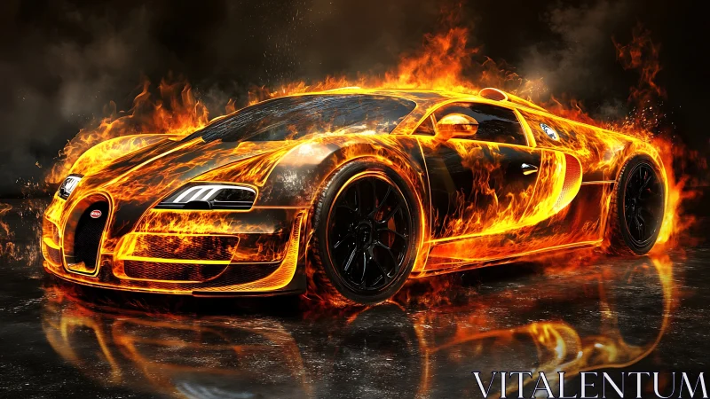 Hyperreal supercar engulfed in dynamic procedural fire effects