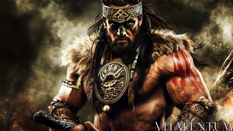 Barbarian warlord stands in burning battlefield armor