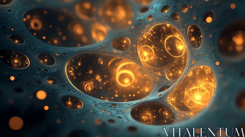 Glowing fractal orbs swirl within a cosmic cellular void