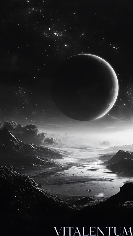 Monochrome extraterrestrial valley beneath distant crescent planet.