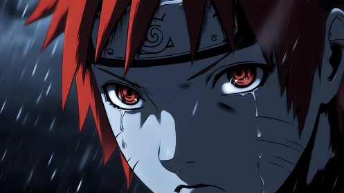 Moody anime close-up portrait with rain-soaked dramatic lighting.