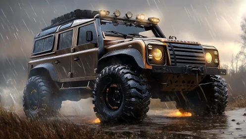 Off-road SUV with lifted suspension in heavy rainstorm.