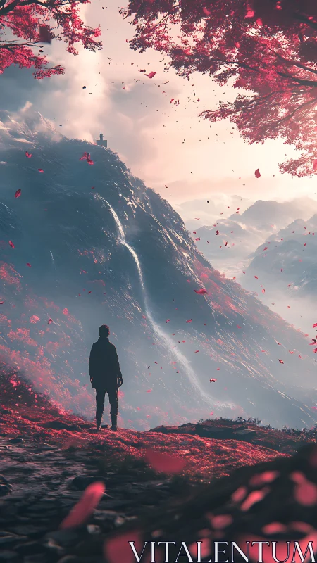 Backlit lone figure surveys misty valley under crimson foliage