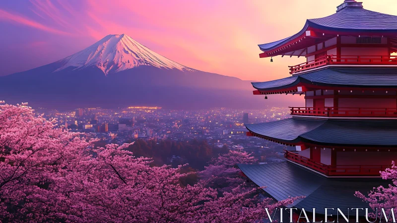 Twilight cherry blossoms serenade a pagoda and distant peak