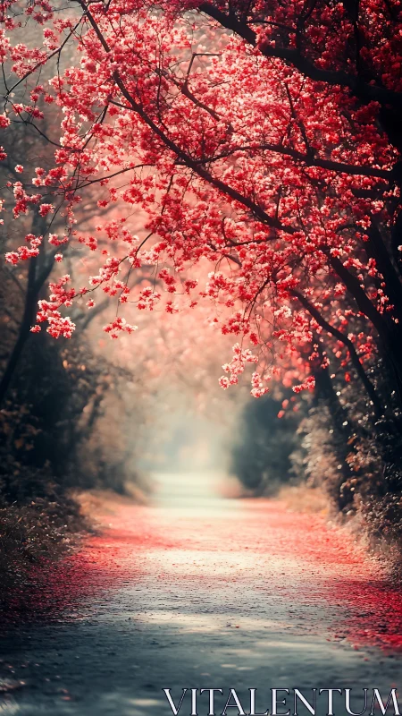 Atmospheric pathway framed by dense red flowering canopy with volumetric light scattering effects