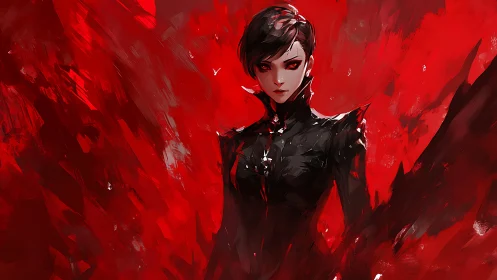 Dark-winged femme fatale stands amid a blazing red storm