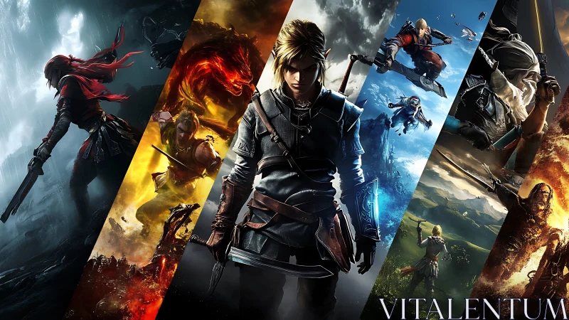 Fantasy warrior montage with segmented action scenes.