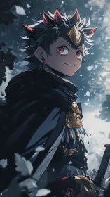 Dark cloaked anime warrior with red eyes and crown emblem.