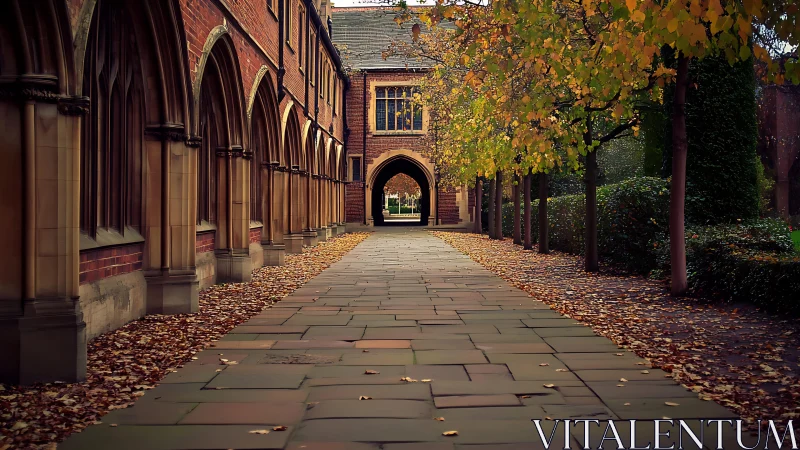 Collegiate stone walkway framed by arches and autumn foliage.