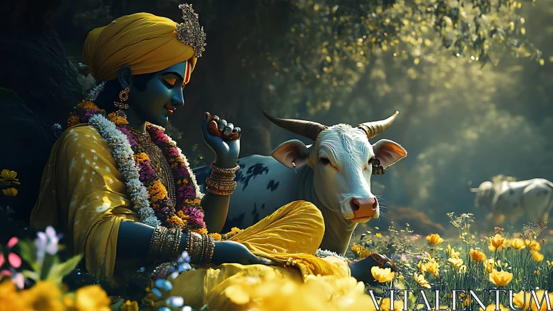 Blue-skinned figure with cow lies in flowered woodland clearing