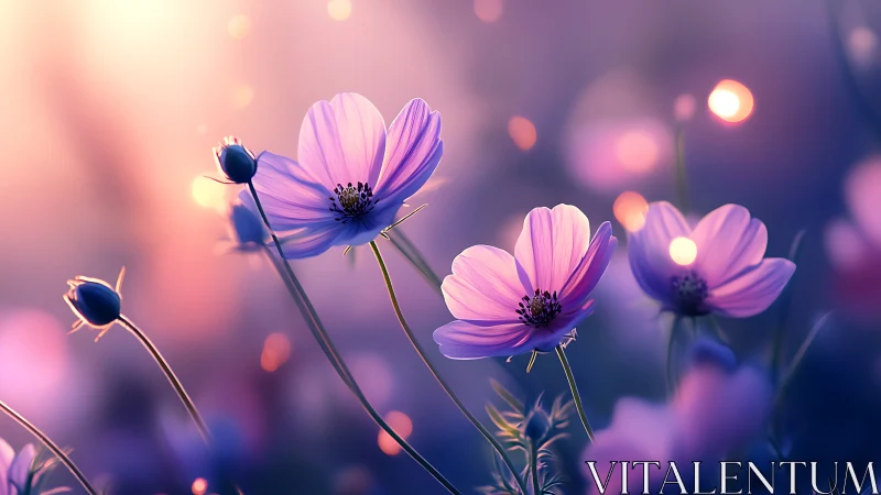 Pink cosmos flowers bloom with backlit bokeh luminescence in soft focus.