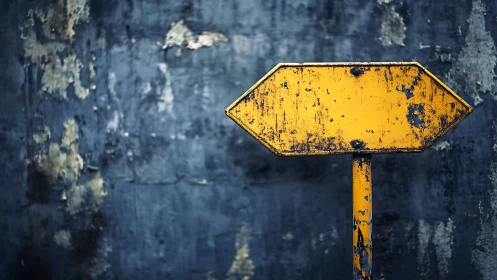 Weathered yellow arrow sign against textured blue wall.