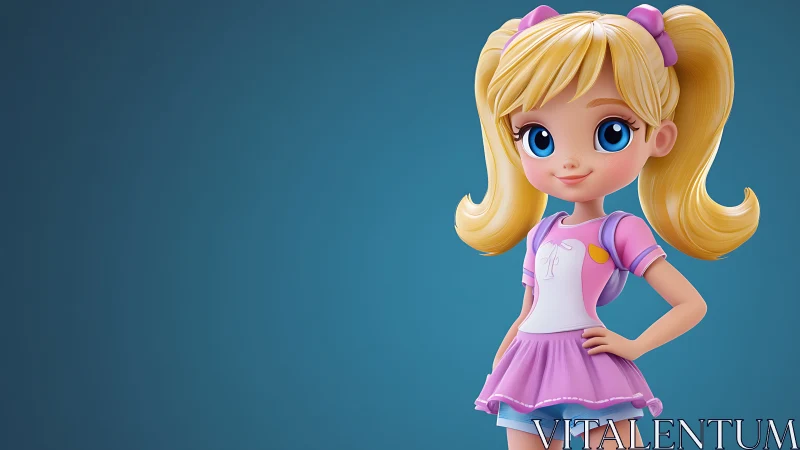 Smiling cartoon girl in pink outfit on blue background.