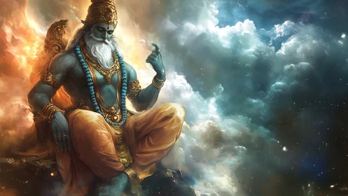 Cosmic blue deity seated amid radiant swirling nebulae