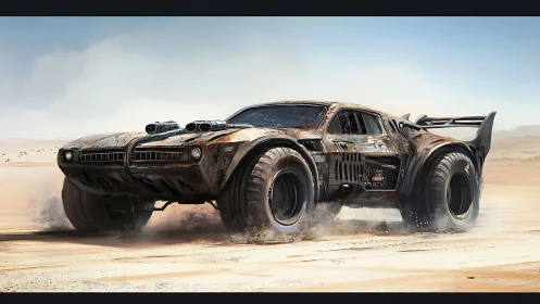 Post-apocalyptic desert muscle car kicks up drifting sand.