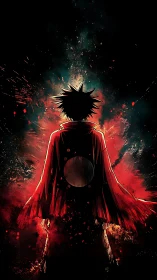 Lone anime warrior stands in red cloak before explosive void