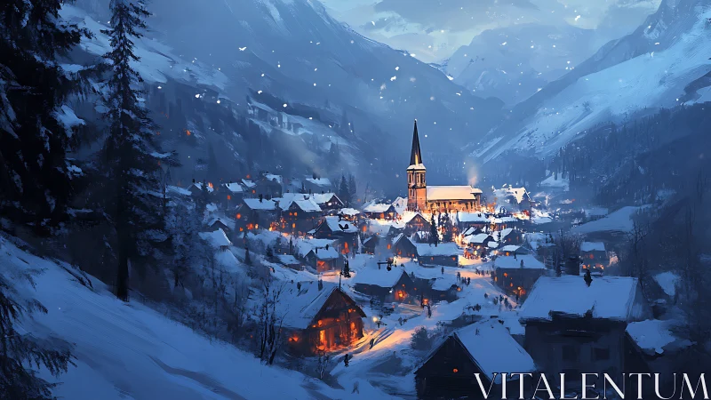 Snowbound alpine village illuminated by warm lantern light.