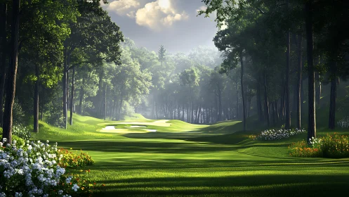 Lush golf fairway cutting through dense forest in sunlight.