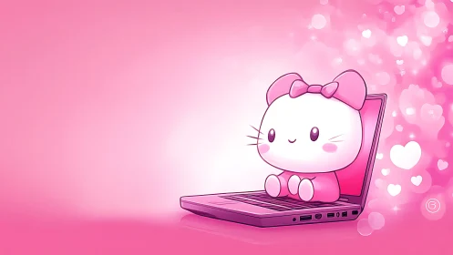 Kawaii digital kitten on laptop in pink minimalist layout.