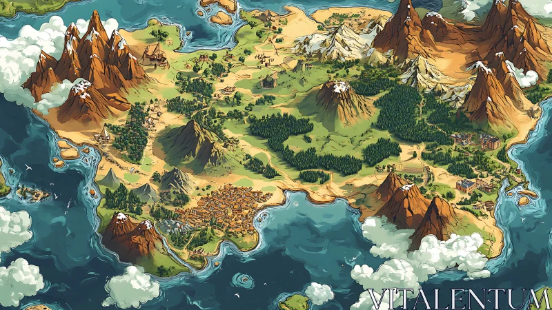 Fantasy island world map shows mountains, forests, towns