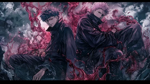 Two brooding anime fighters with red energy swirling around.