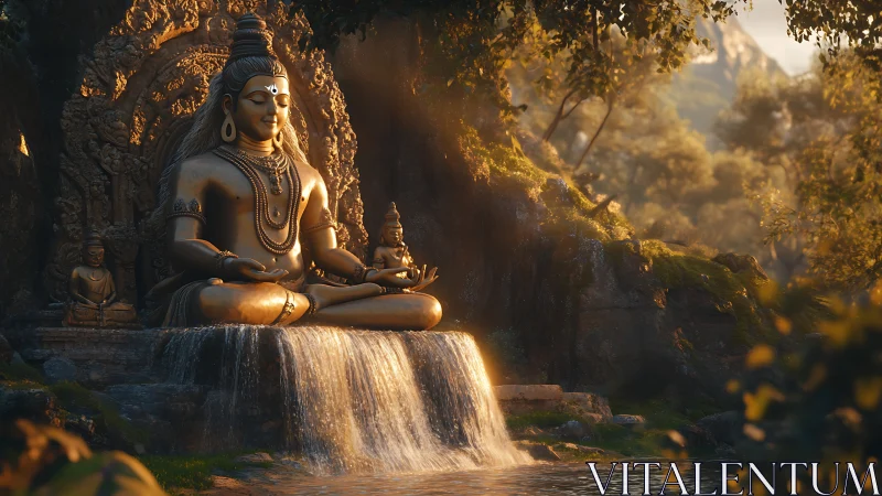 Large bronze Shiva statue integrated with cascading waterfall basin