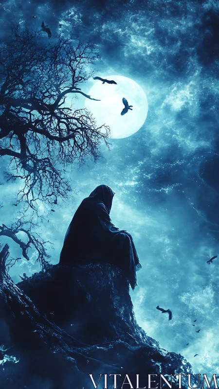 Hooded figure watches full moon above spectral ravine