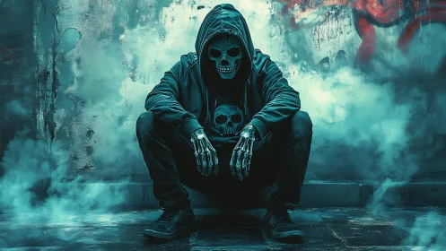 Hooded skull-masked figure crouches in cyan fog-lit alleyway