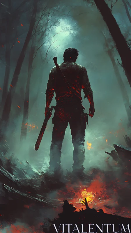 Lone ember hunter stalks through the smoke-choked forest night