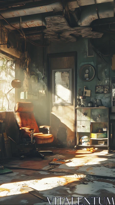 Abandoned industrial room with worn office chair and debris.